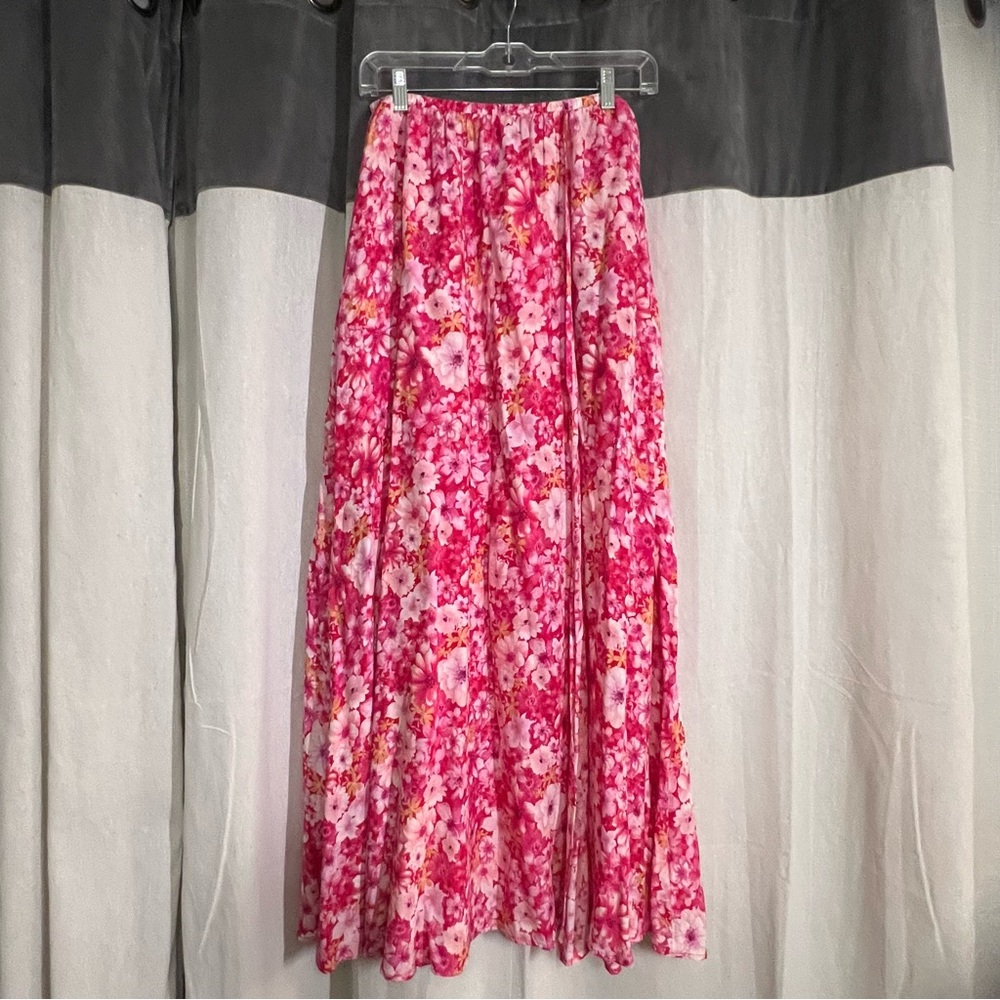 Pink Floral Printed Maxi Skirt with elastic waistband